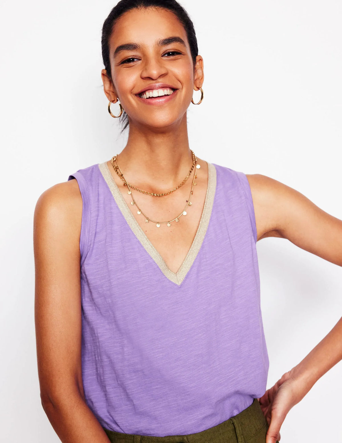 Metallic Trim V Neck Vest-Pretty Violet