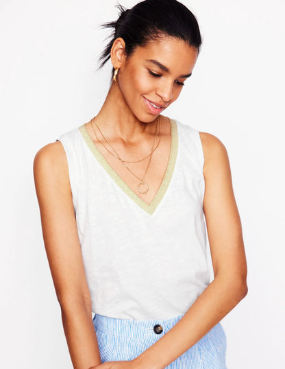 Metallic Trim V Neck Vest-White