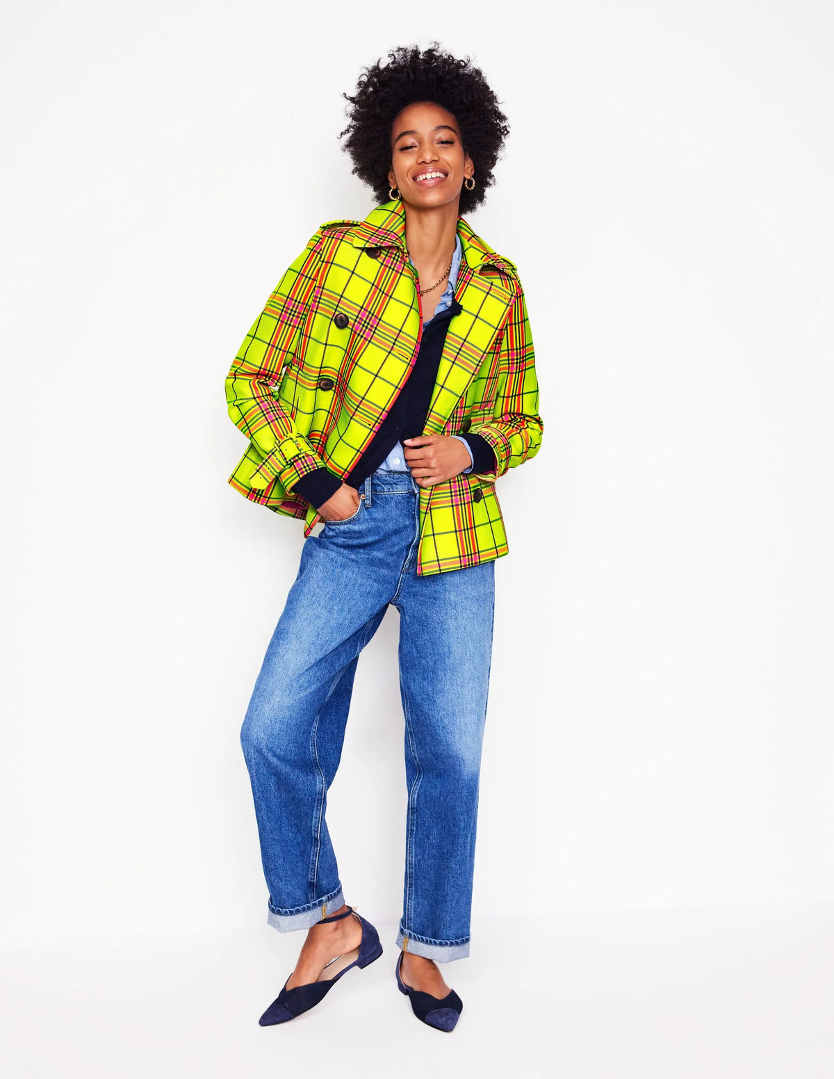 Mayfair Cropped Trench-Neon Yellow Check