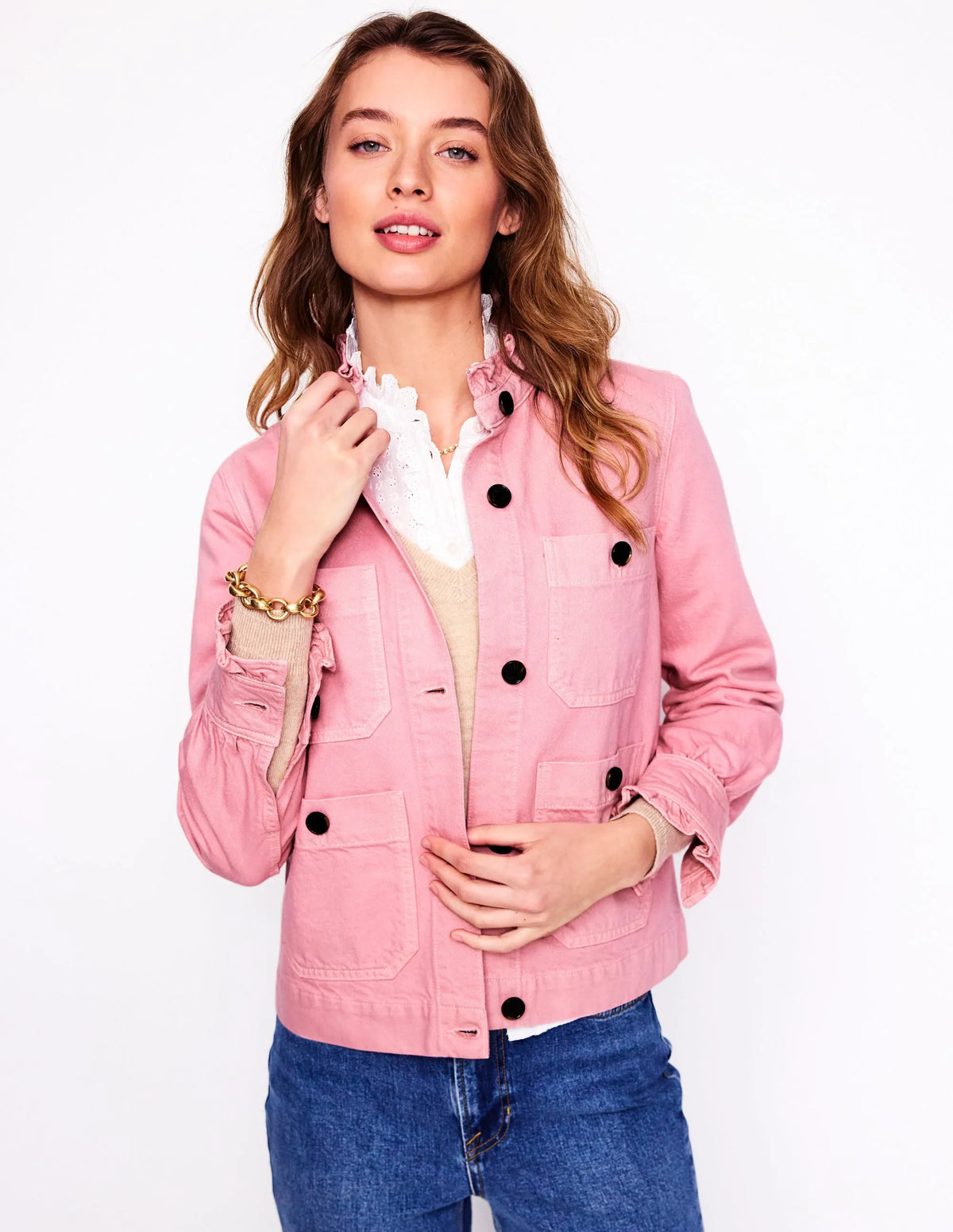 Denim Frill Collar Jacket-Almond Pink