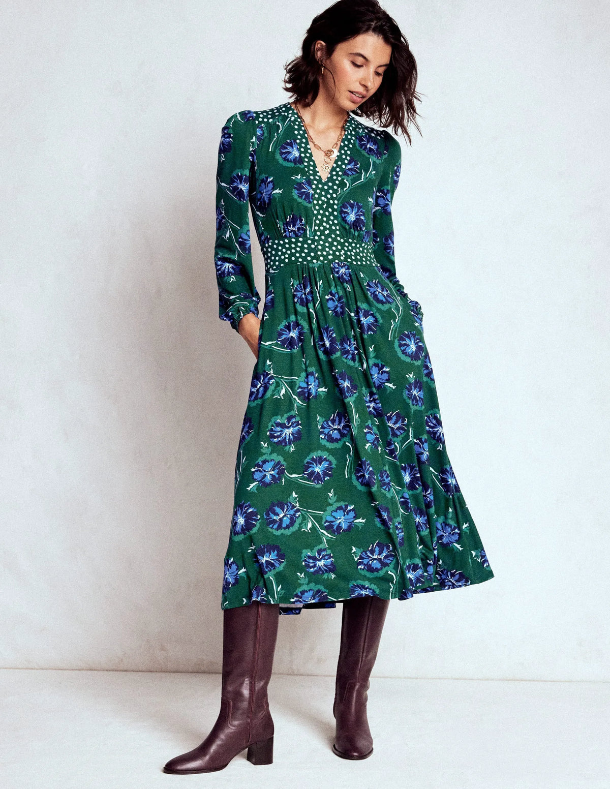 Lily Long Sleeve Midi Dress-Emerald, Delicate Carnation