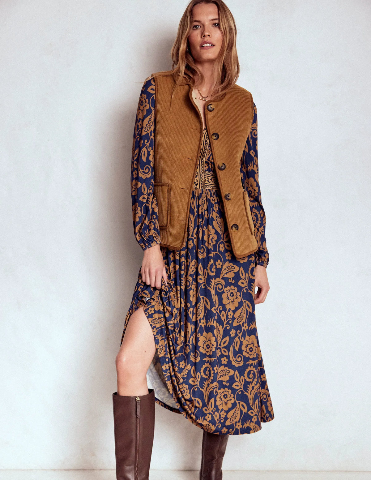 Lily Long Sleeve Midi Dress-French Navy, Ornate Flora