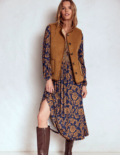 Lily Long Sleeve Midi Dress-French Navy, Ornate Flora