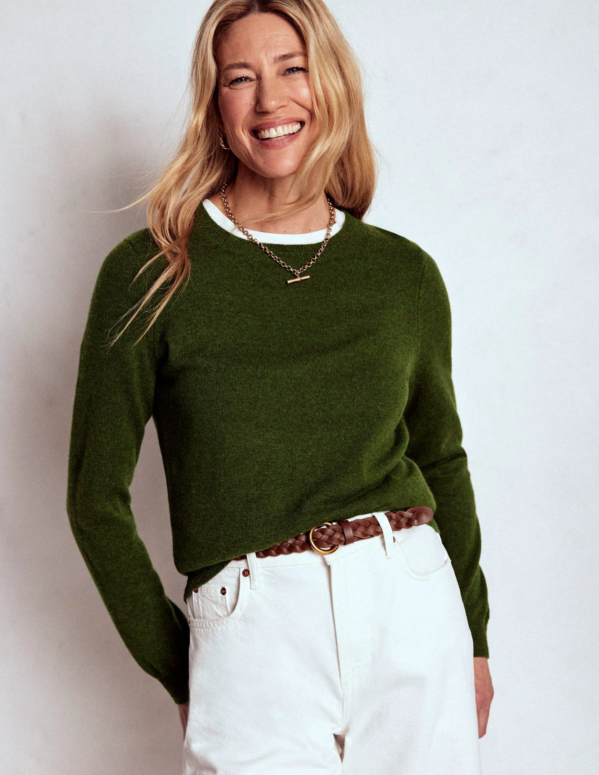 Eva Cashmere Crew Neck Sweater-Leaf Green Melange