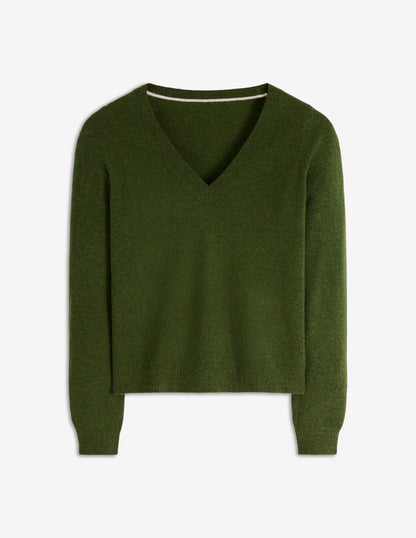 Eva Cashmere V-Neck Sweater-Leaf Green Melange