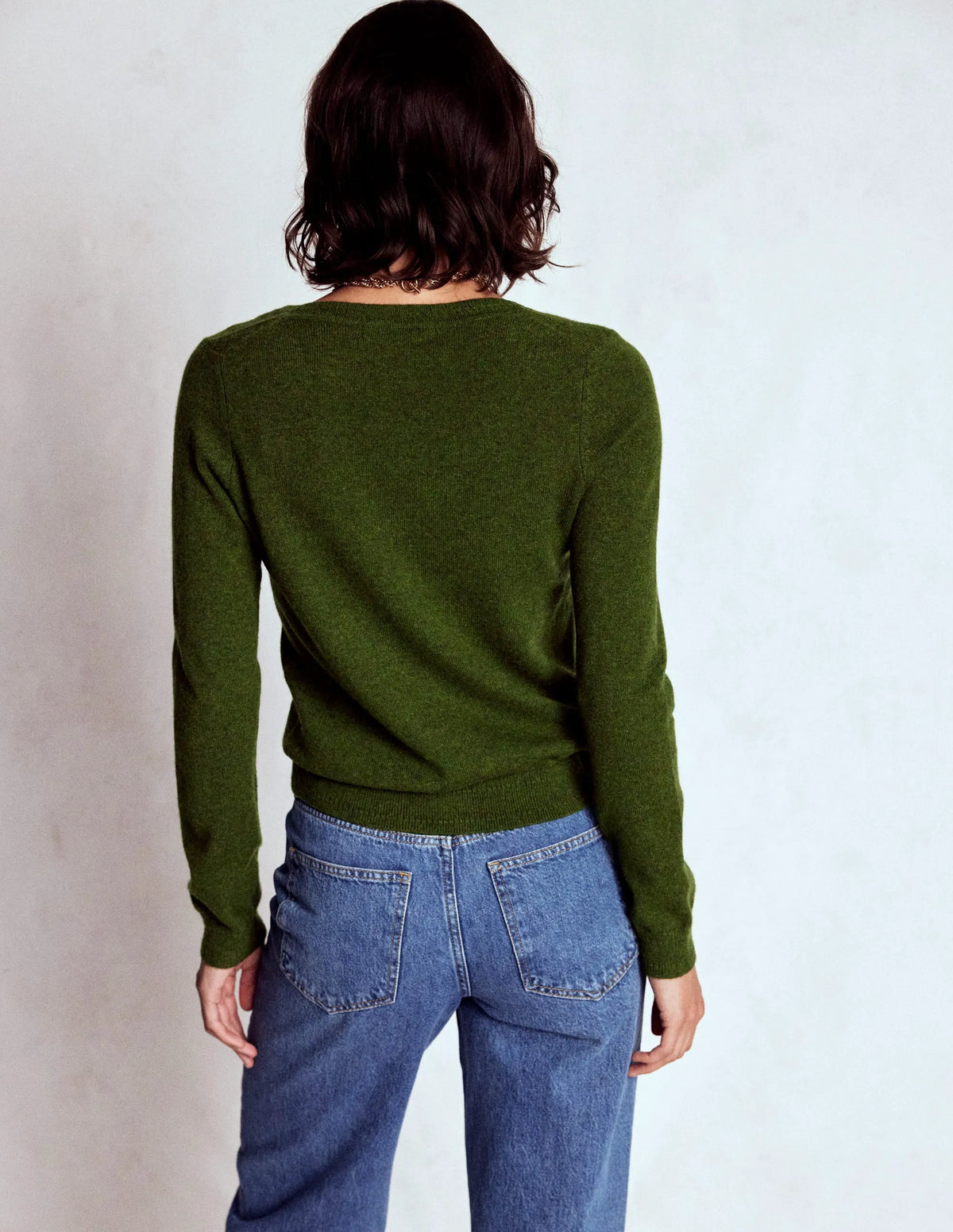 Eva Cashmere V-Neck Sweater-Leaf Green Melange