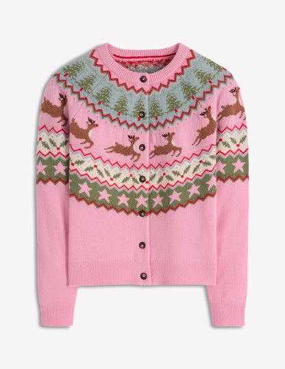 Edie Fair Isle Cardigan-Pink, Reindeer