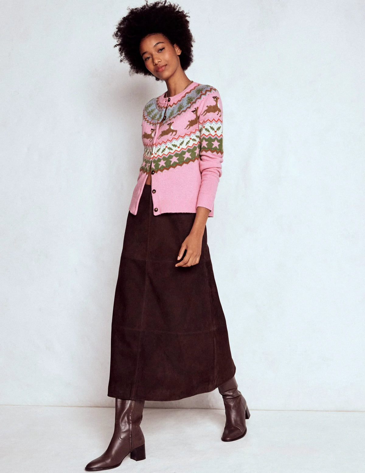 Edie Fair Isle Cardigan-Pink, Reindeer