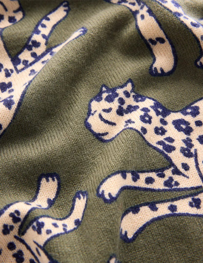 Lydia Cashmere Jumper-Woodland Green, Leopard