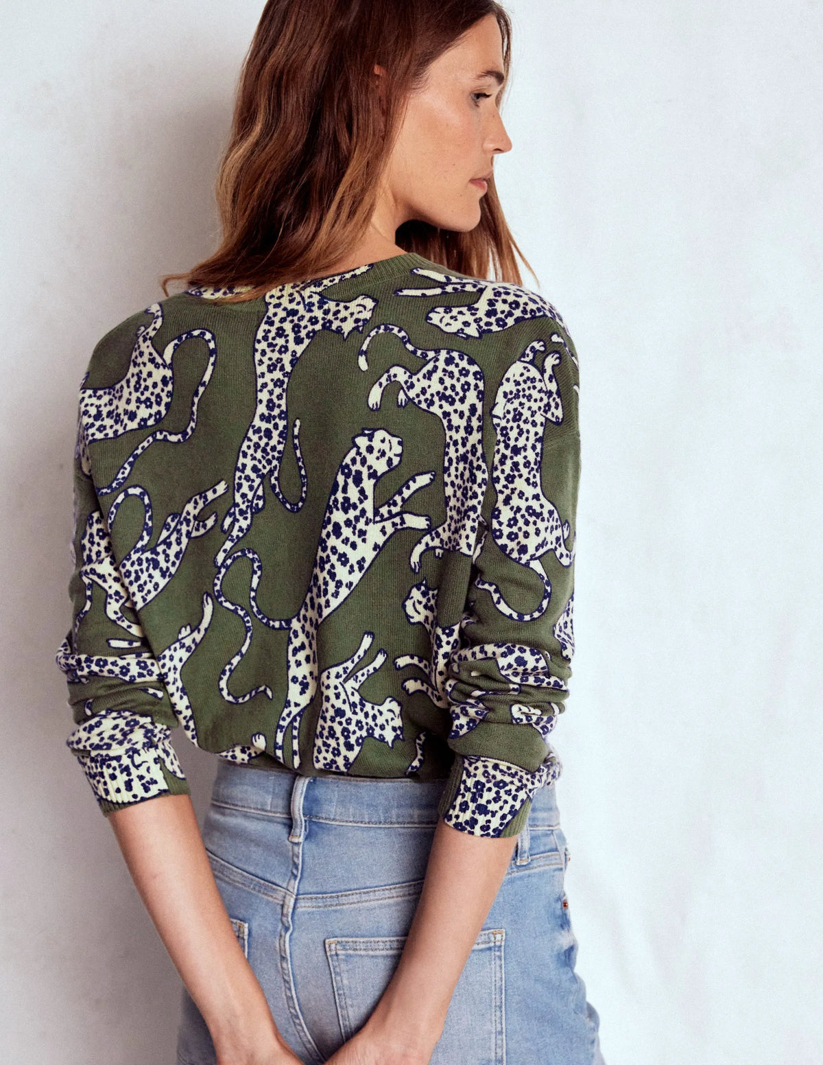 Lydia Cashmere Jumper-Woodland Green, Leopard