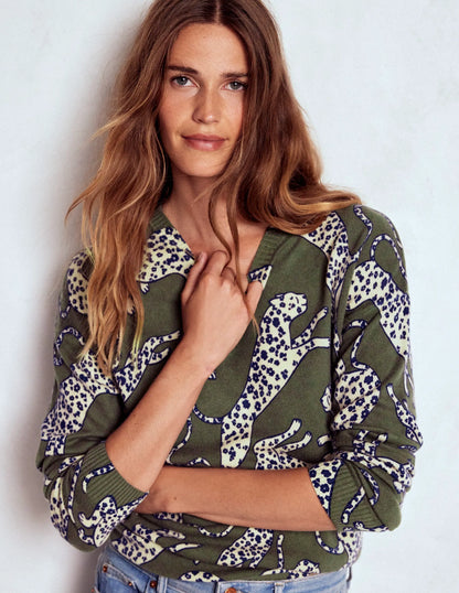 Lydia Cashmere Jumper-Woodland Green, Leopard