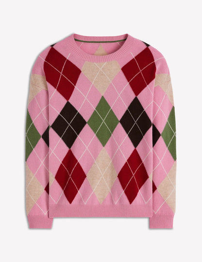 Lydia Cashmere Jumper-Pink, Brown and Green Argyle