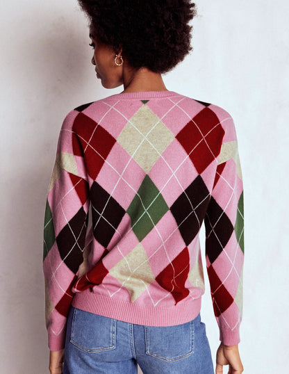 Lydia Cashmere Jumper-Pink, Brown and Green Argyle