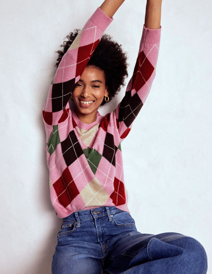 Lydia Cashmere Jumper-Pink, Brown and Green Argyle