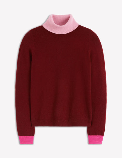 Eva Cashmere Roll Neck Sweater-Chestnut, Colour Block