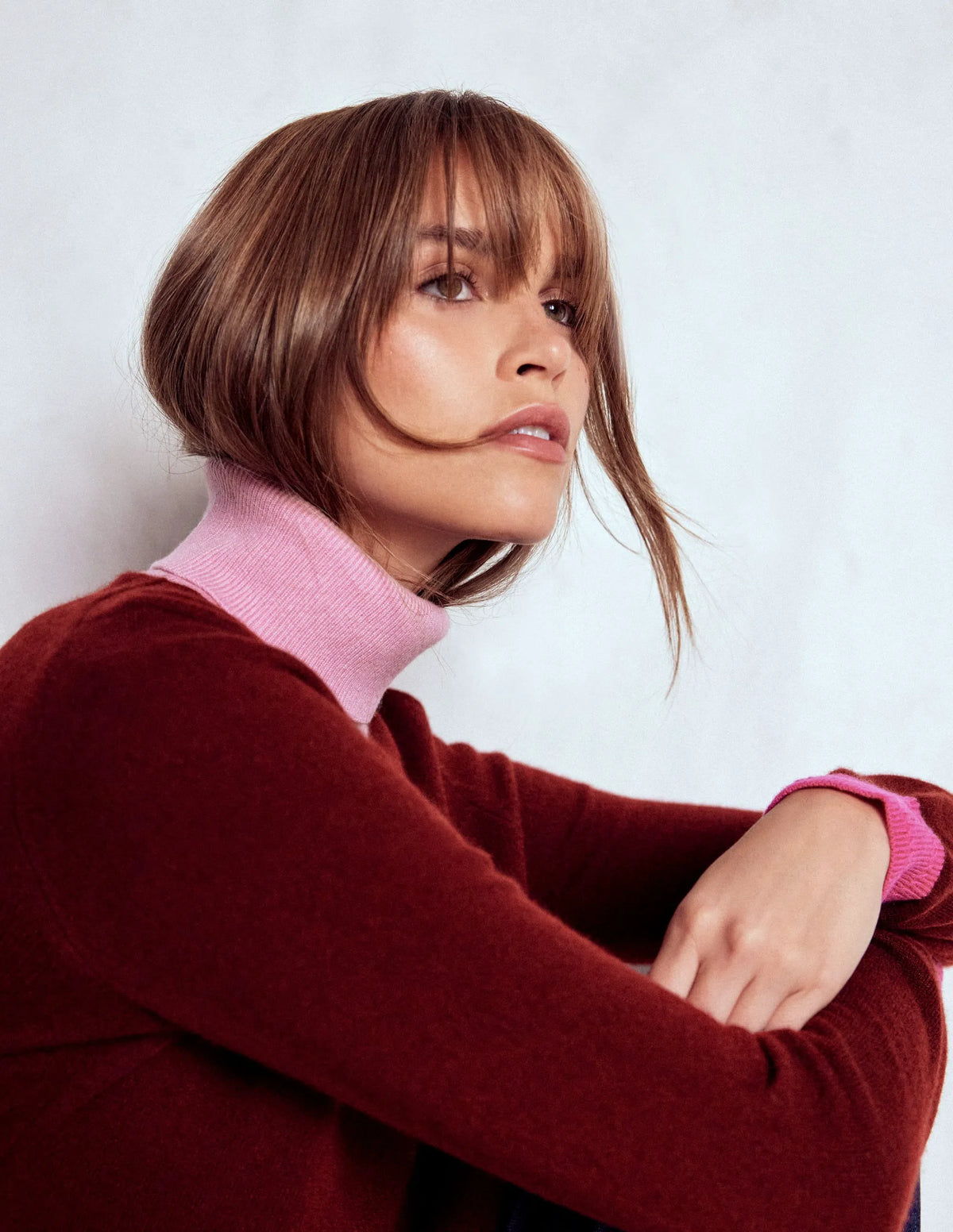 Eva Cashmere Roll Neck Sweater-Chestnut, Colour Block
