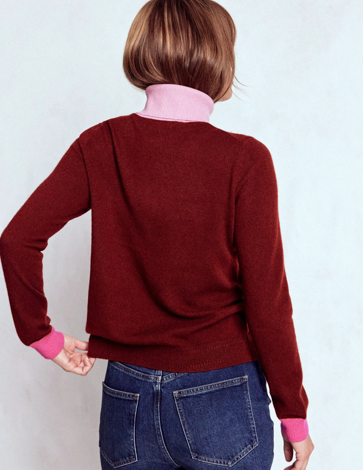 Eva Cashmere Roll Neck Sweater-Chestnut, Colour Block