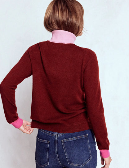 Eva Cashmere Roll Neck Sweater-Chestnut, Colour Block