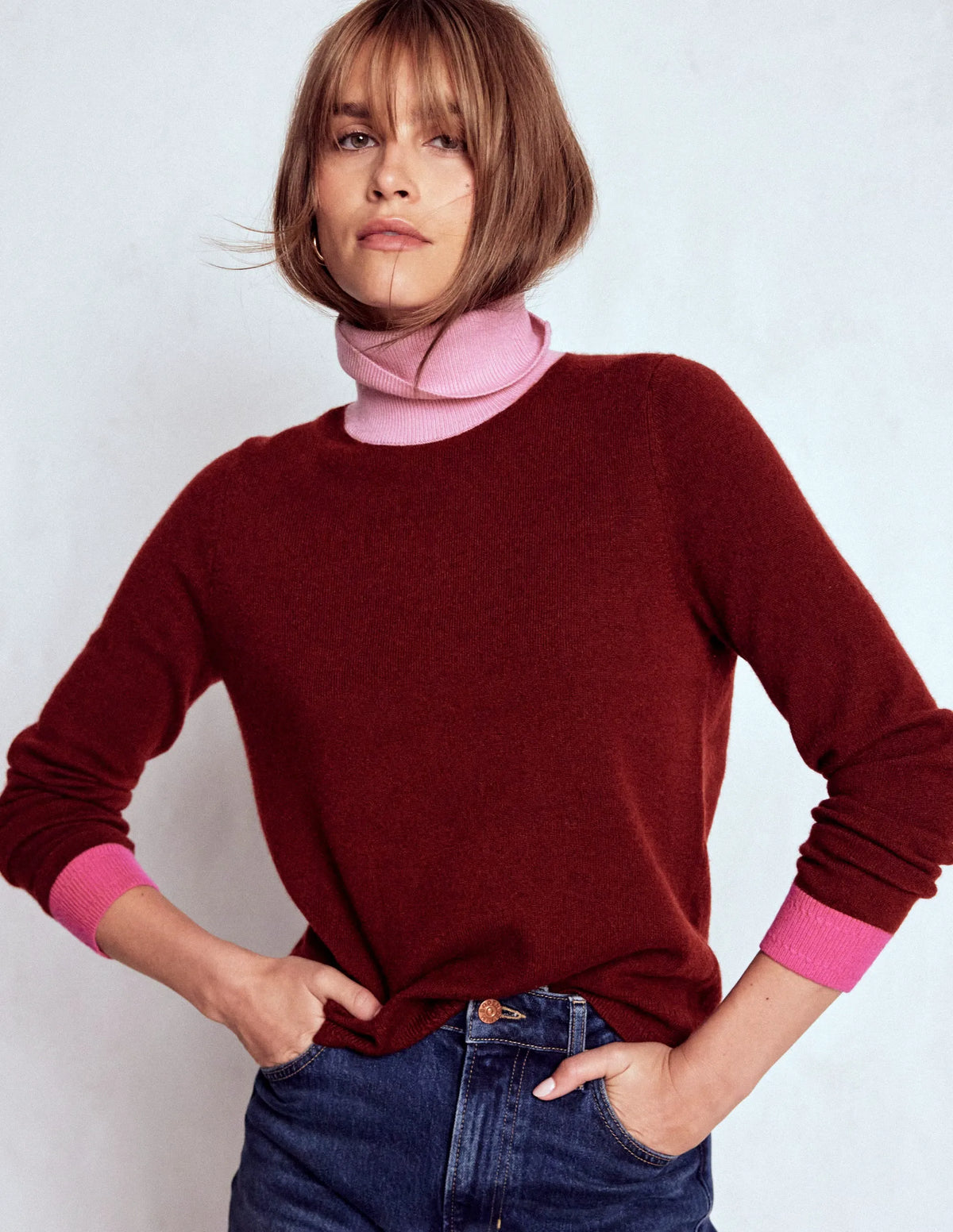 Eva Cashmere Roll Neck Sweater-Chestnut, Colour Block
