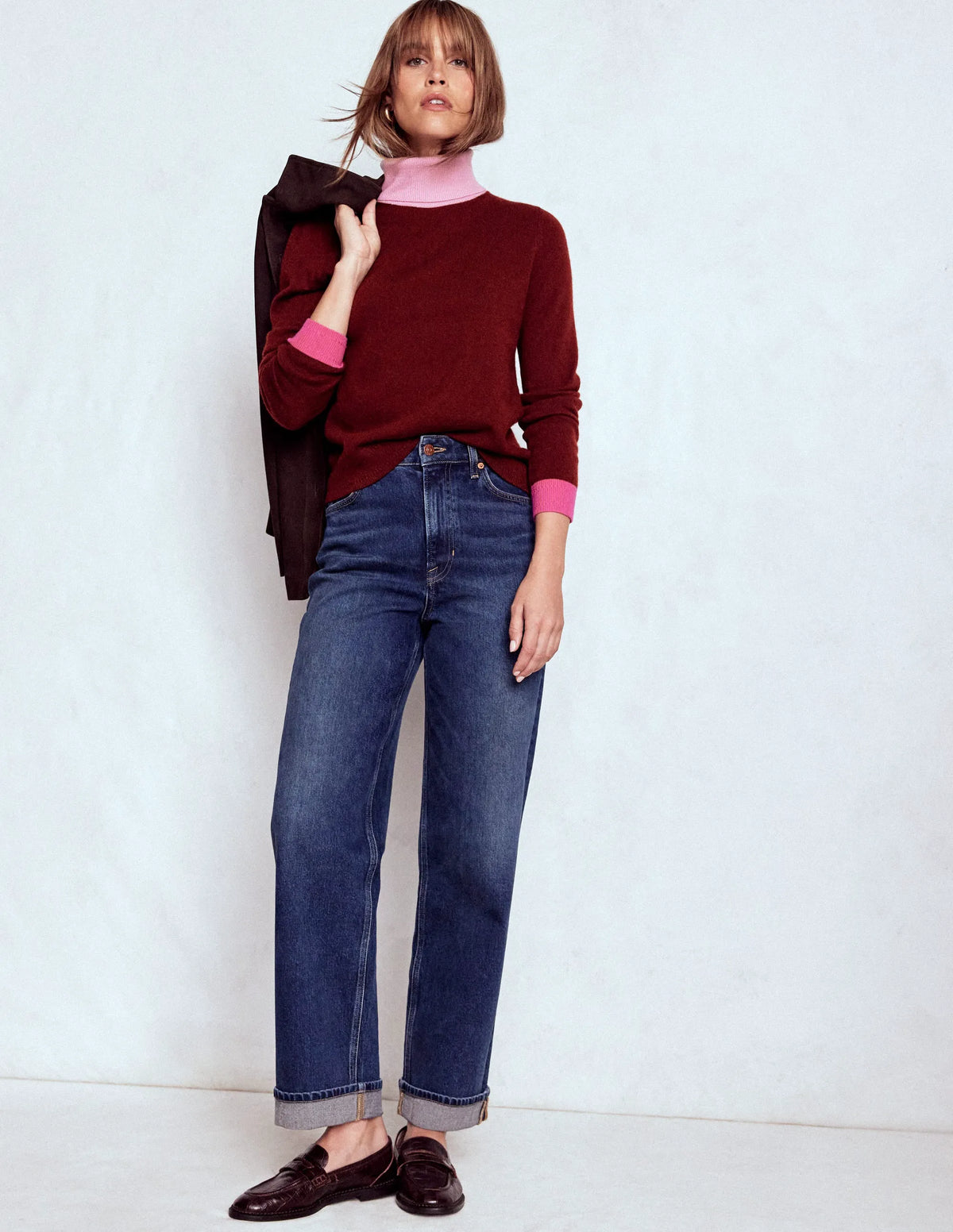 Eva Cashmere Roll Neck Sweater-Chestnut, Colour Block