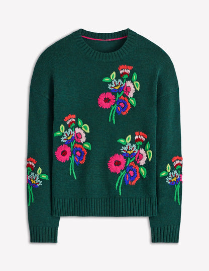 Natalie Embroidered Sweater-Emerald Night Bouquet