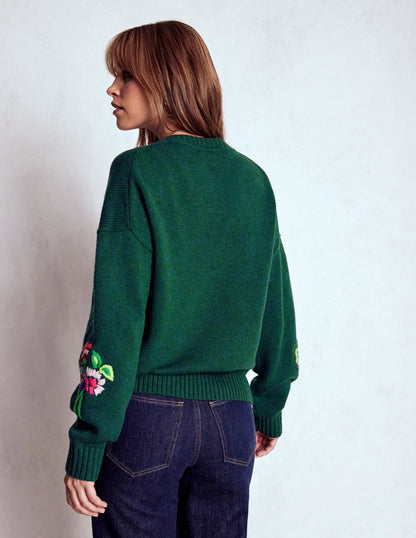 Natalie Embroidered Sweater-Emerald Night Bouquet