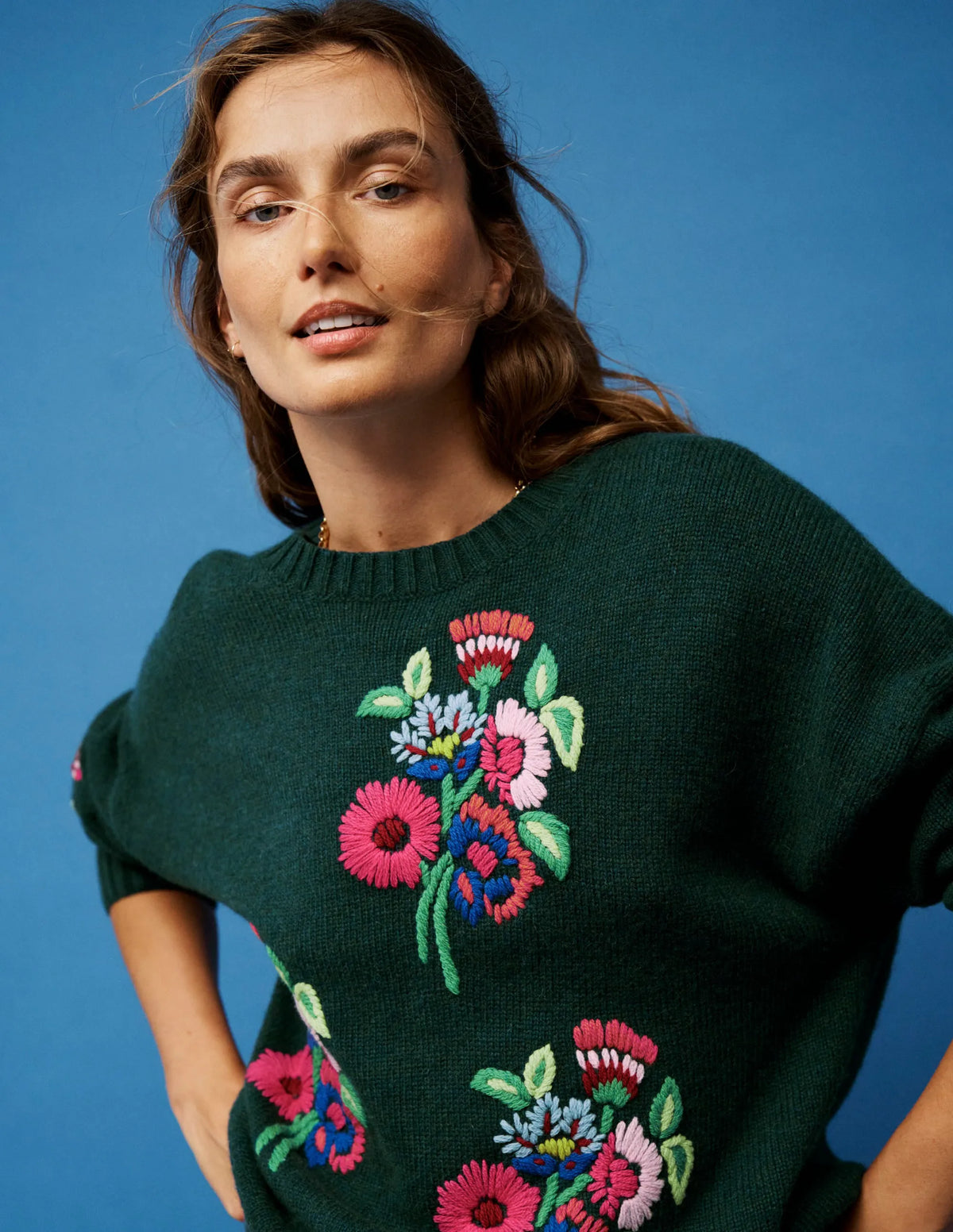 Natalie Embroidered Sweater-Emerald Night Bouquet