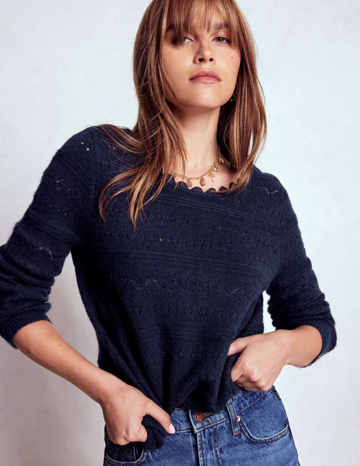 Leticia Lace Trim Sweater-Navy