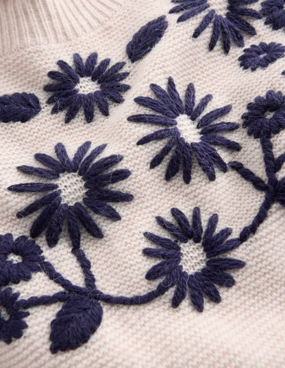 Embroidered Frill Sweater-Warm Ivory