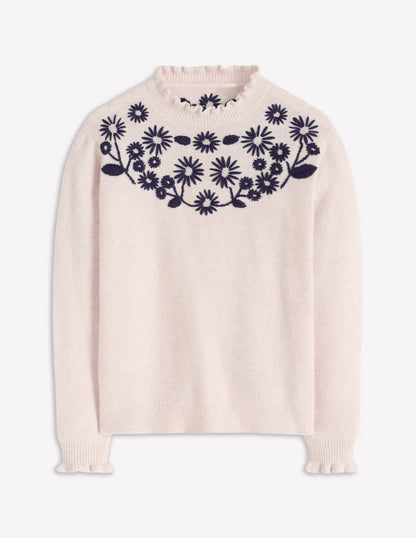 Embroidered Frill Sweater-Warm Ivory