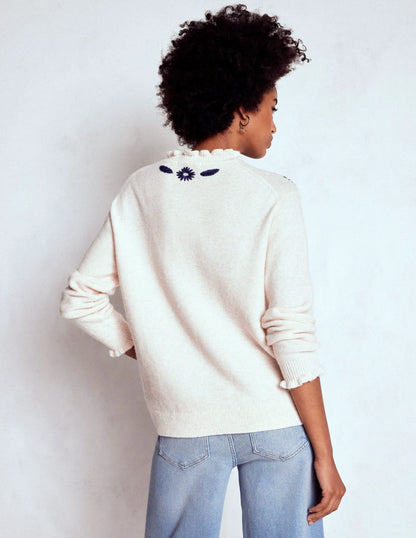 Embroidered Frill Sweater-Warm Ivory