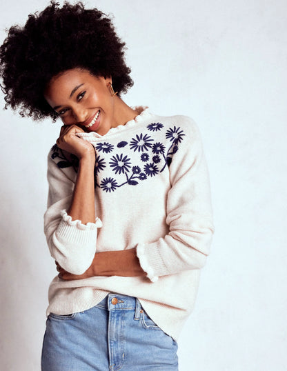 Embroidered Frill Sweater-Warm Ivory