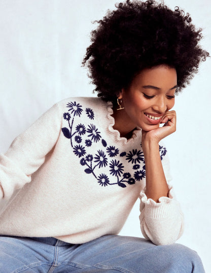 Embroidered Frill Sweater-Warm Ivory