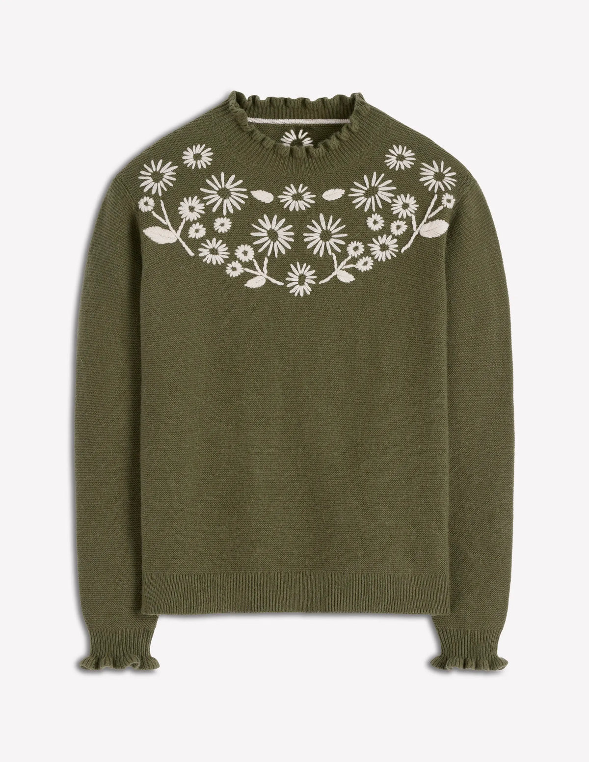 Embroidered Frill Sweater-Woodland Green Melange