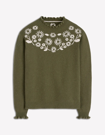 Embroidered Frill Sweater-Woodland Green Melange