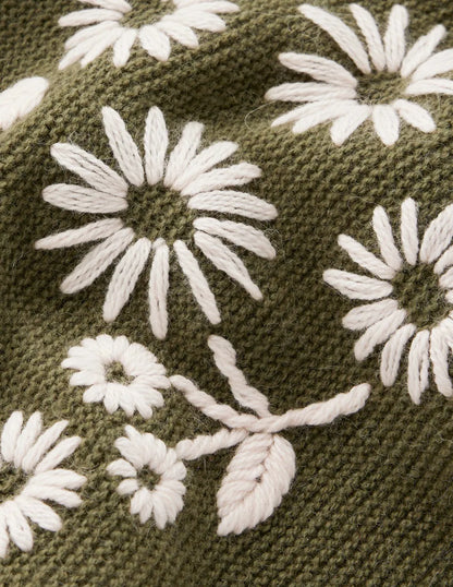 Embroidered Frill Sweater-Woodland Green Melange