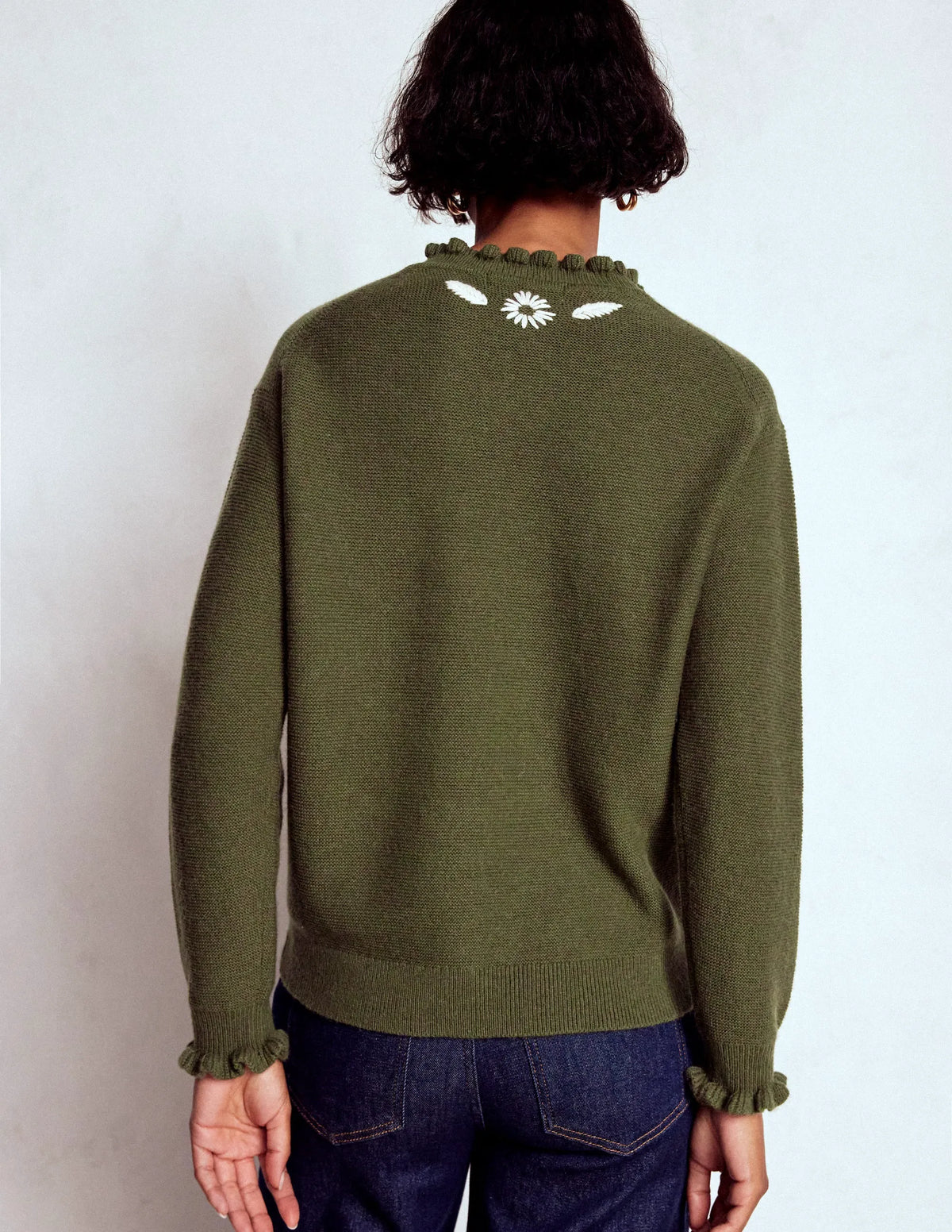 Embroidered Frill Sweater-Woodland Green Melange