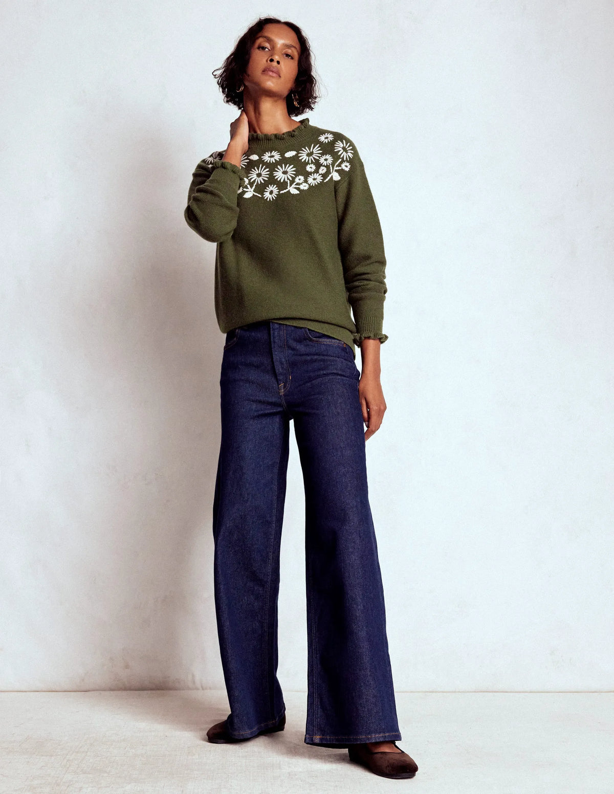 Embroidered Frill Sweater-Woodland Green Melange