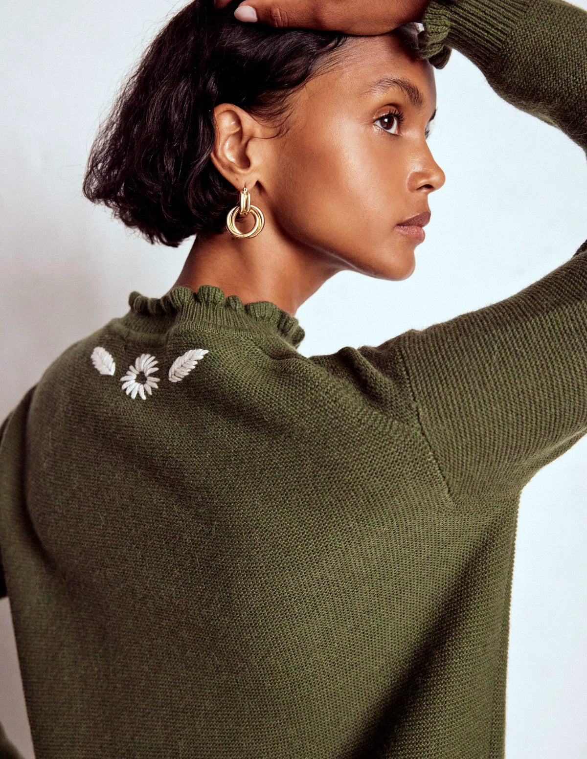 Embroidered Frill Sweater-Woodland Green Melange