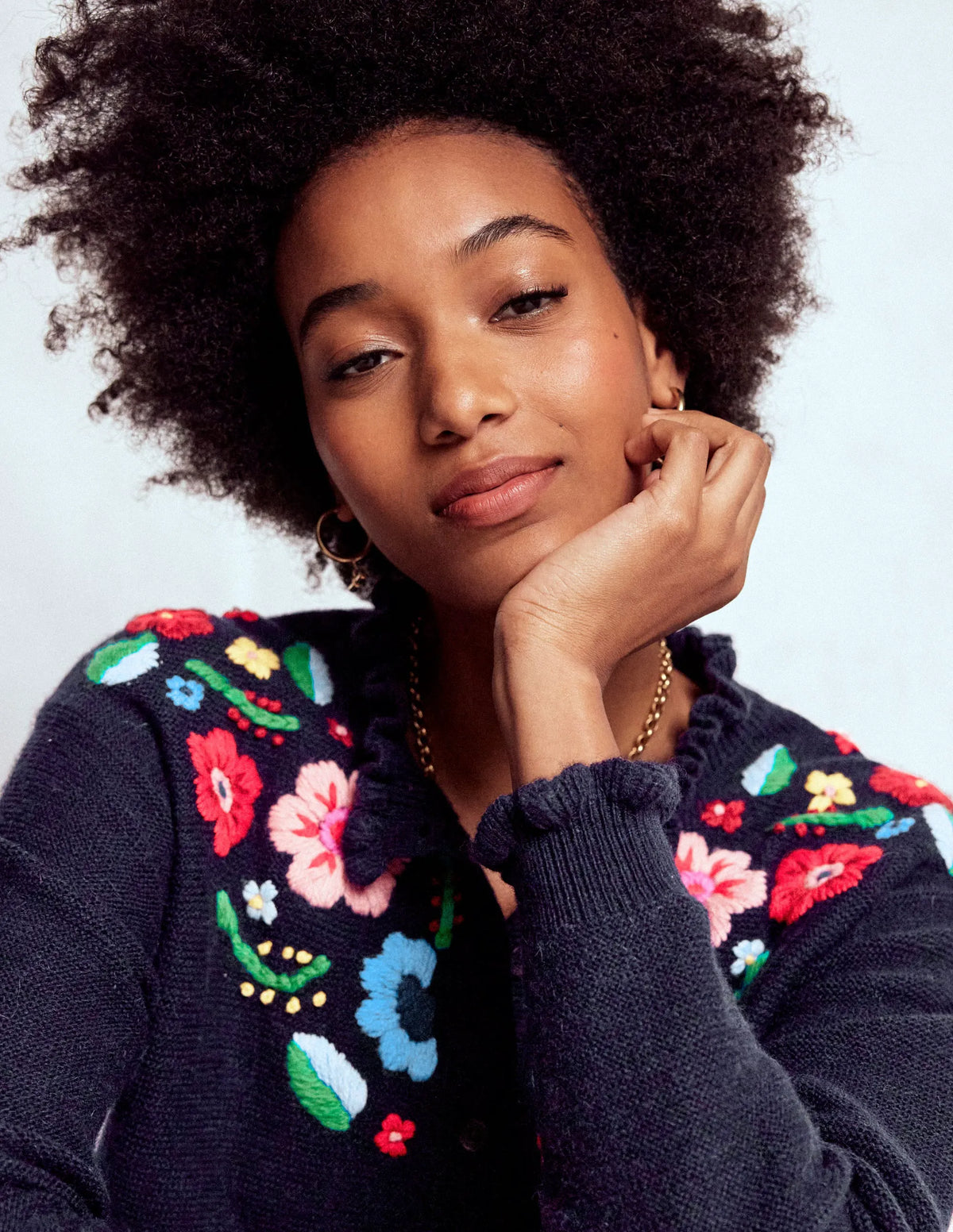 Embroidered Frill Cardigan-Navy