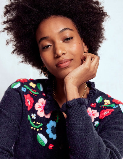 Embroidered Frill Cardigan-Navy