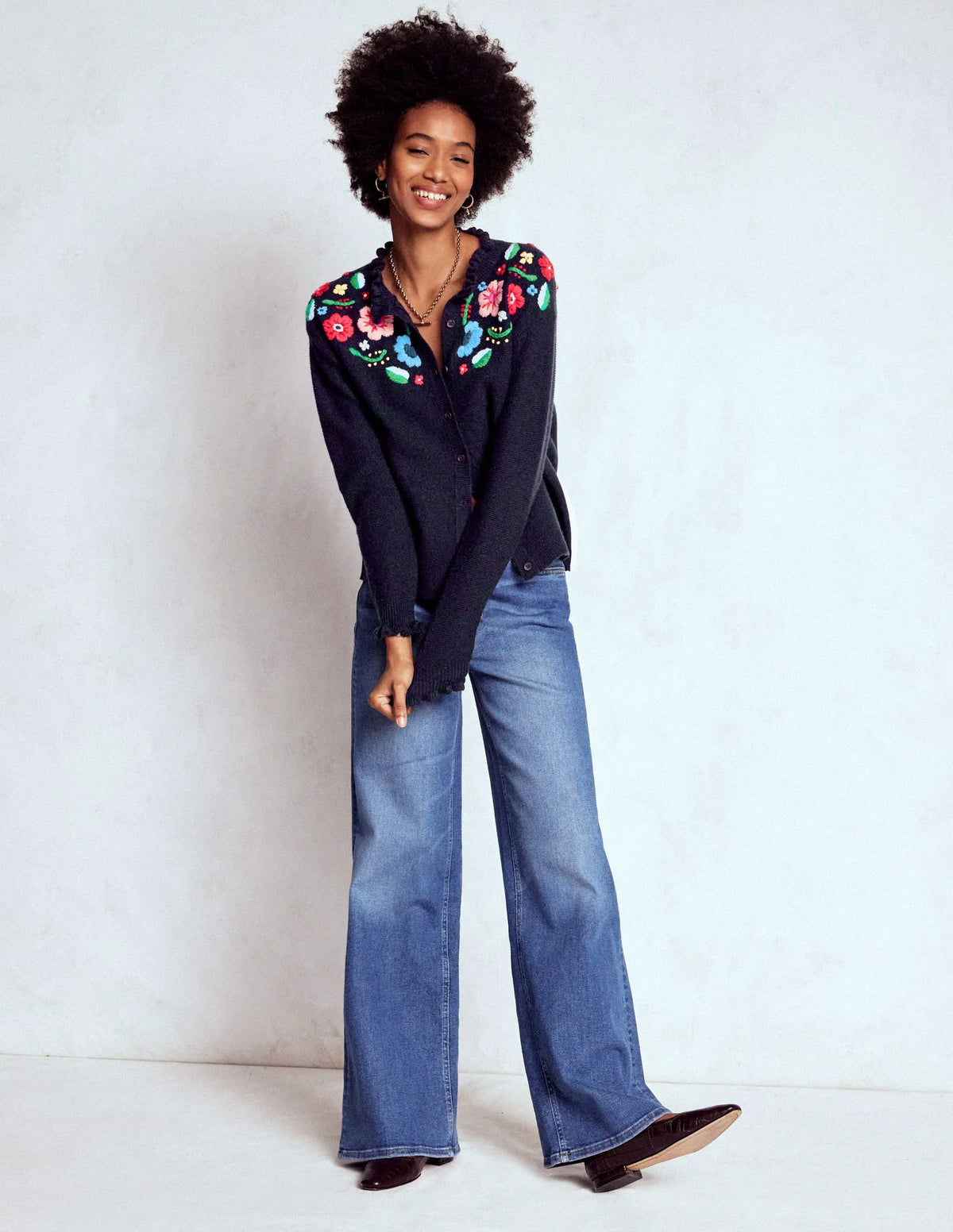 Embroidered Frill Cardigan-Navy