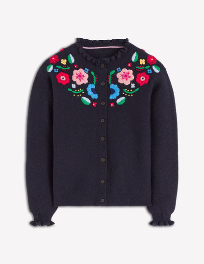 Embroidered Frill Cardigan-Navy