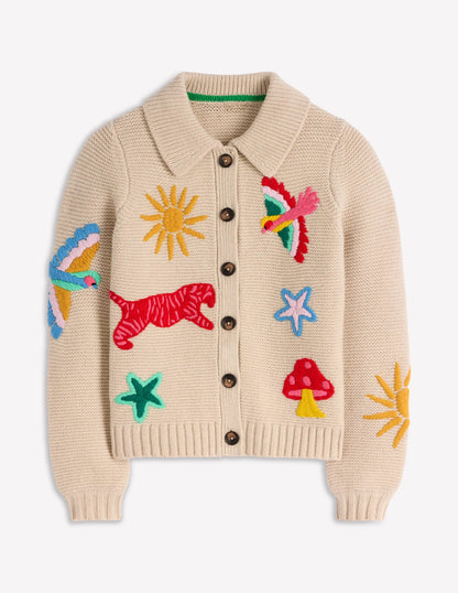 Embroidered Collared Cardigan-Ecru Marl
