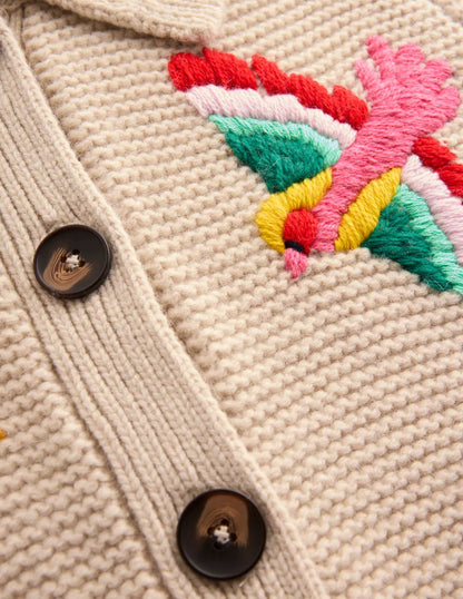 Embroidered Collared Cardigan-Ecru Marl