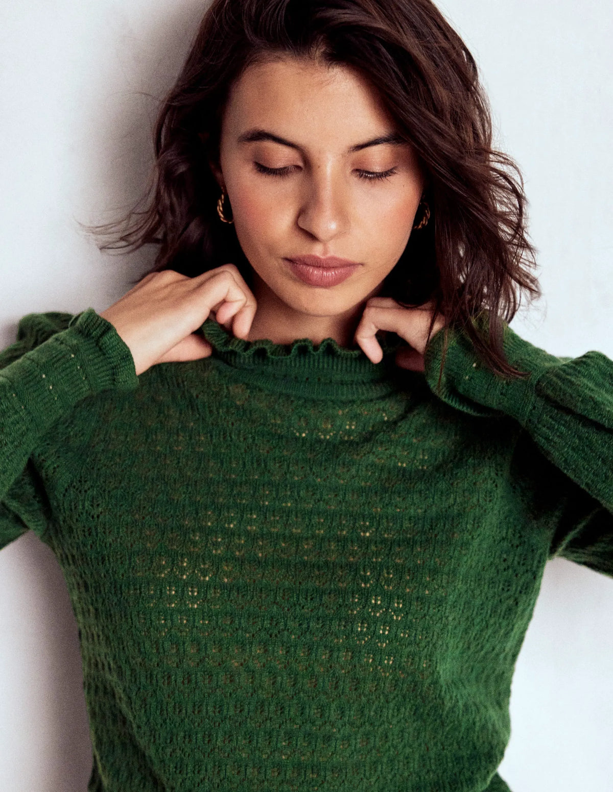 Pointelle Ruffle Sweater-Hunter Green