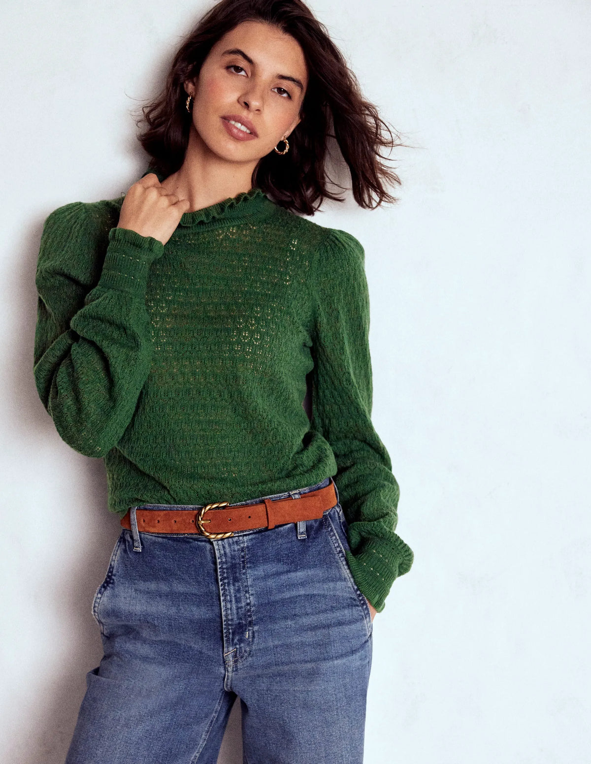Pointelle Ruffle Sweater-Hunter Green