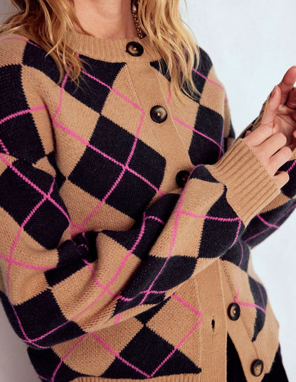 Abi Jacquard Cardigan-Camel, Navy Argyle