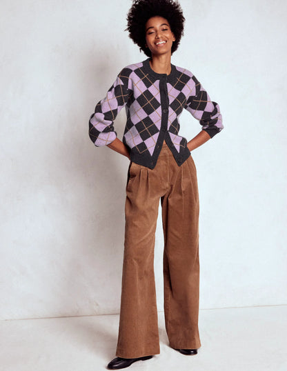 Abi Jacquard Cardigan-Lilac, Charcoal Melange Argyle