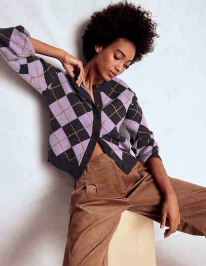 Abi Jacquard Cardigan-Lilac, Charcoal Melange Argyle